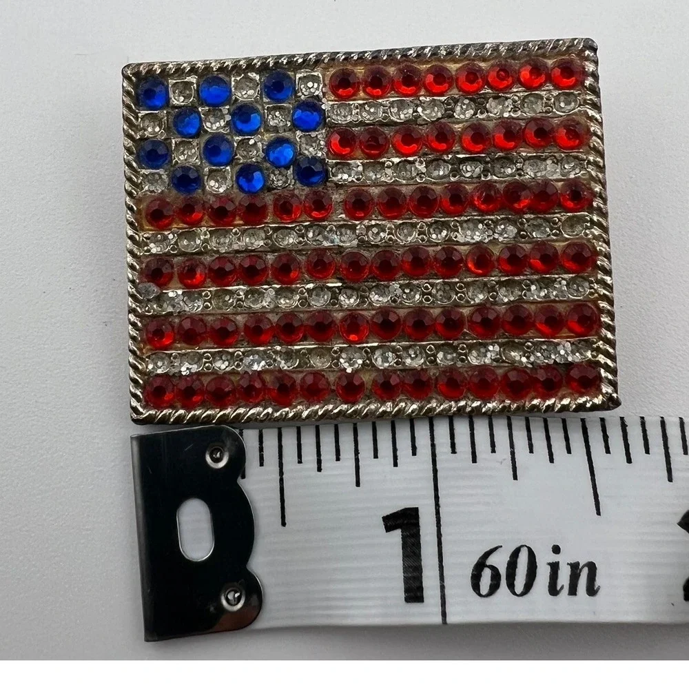 Vintage Phinestone Patriotic Brooch – USA Flag Red White Blue Striped Pin